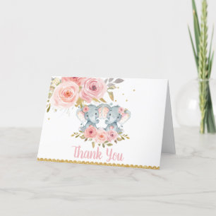 Elephant Twin Girls Baby Shower Birthday Thank You Card