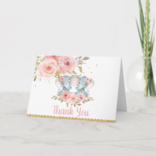 Elephant Twin Girls Baby Shower Birthday Thank You Card (Front)