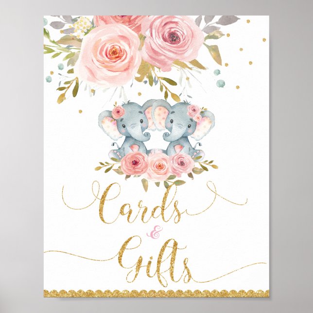 Elephant Twin Girls Baby Shower Cards & Gifts Sign (Front)