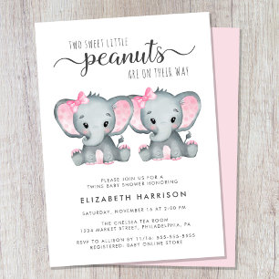 Elephant Twin Girls Baby Shower Invitation