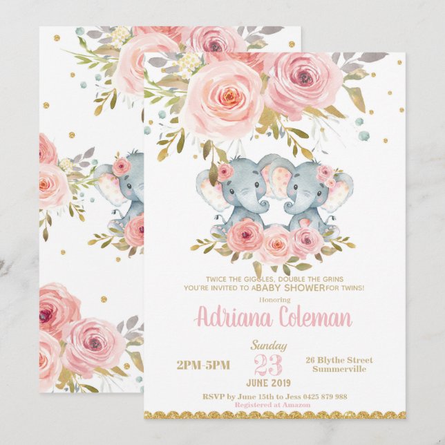 Elephant Twin Girls Baby Shower Invitation Floral (Front/Back)