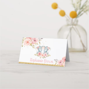 Elephant Twin Girls Baby Shower Pink Floral Place Card