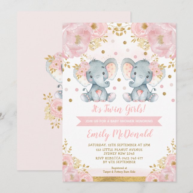 Elephant Twin Girls Baby Shower Pink Gold Floral Invitation (Front/Back)