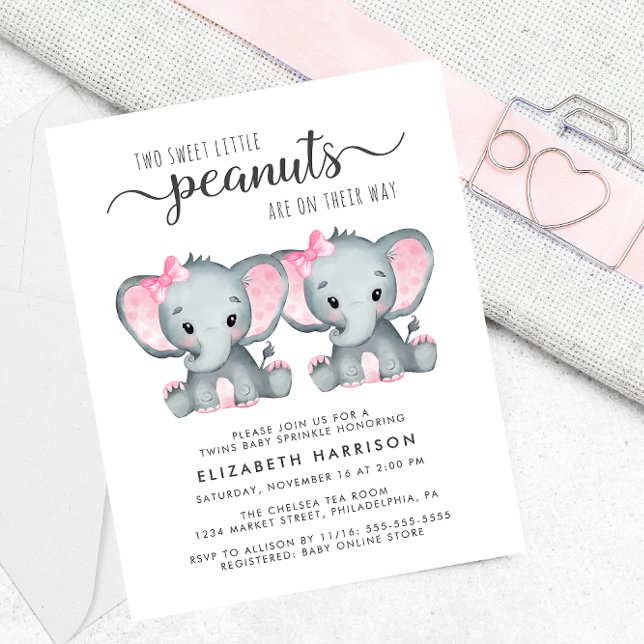 Elephant Twin Girls Baby Sprinkle Budget Invite (Creator Uploaded)