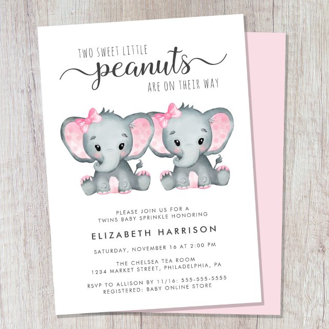 Elephant Twin Girls Baby Sprinkle Invitation (Creator Uploaded)