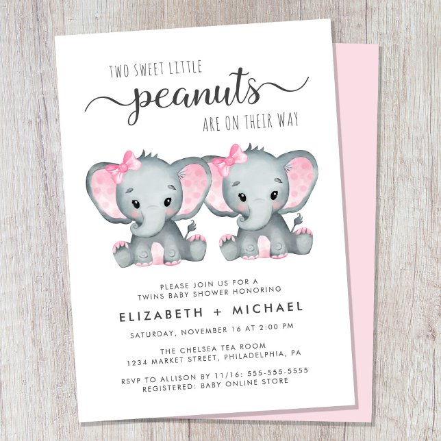 Elephant Twin Girls Couples Baby Shower Invitation (Cute twin girls couples baby shower invitation)