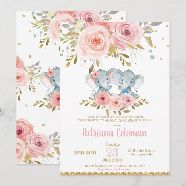 Elephant Twins Boy Girl Baby Shower Pink Floral Invitation (Front/Back)