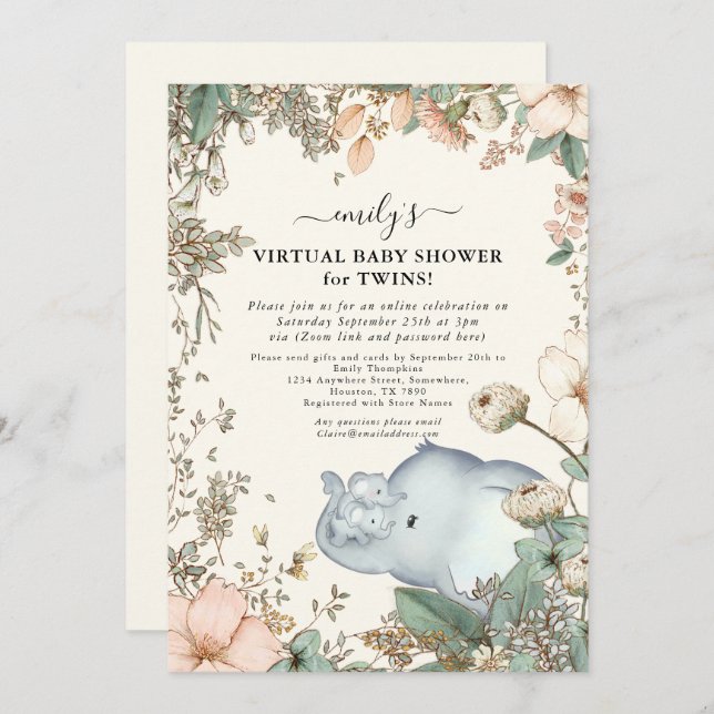 Elephant Twins Florals Cream Virtual Baby Shower Invitation (Front/Back)