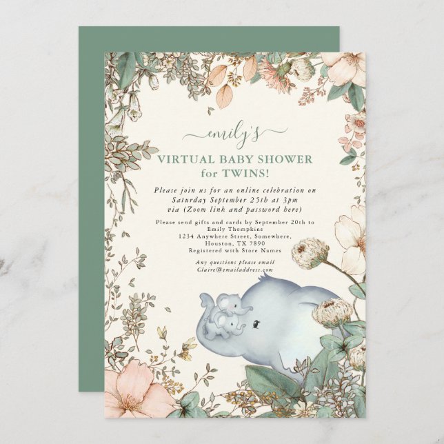 Elephant Twins Florals Sage Virtual Baby Shower Invitation (Front/Back)