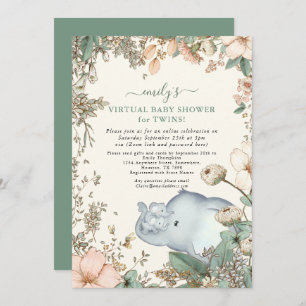 Elephant Twins Florals Sage Virtual Baby Shower Invitation