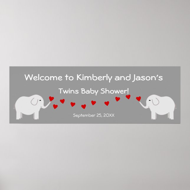 Elephant Twins Gender Neutral Baby Shower Banner Poster (Front)