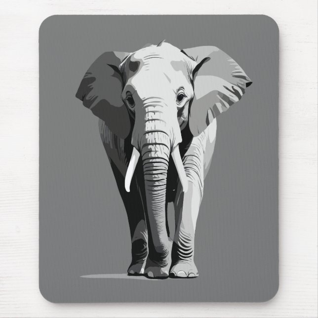 Elephant Vector Art Illustration Black and White Mouse Pad (Front)