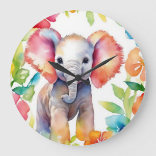 Elephant Vibrant Watercolor Large Clock