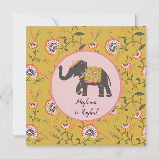 Elephant Vintage Yellow Pattern Indian Wedding Invitation (Front)