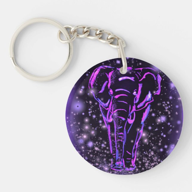Elephant Walking At Night Keychain Purple Pink (Front)