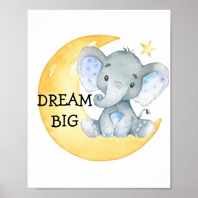 Elephant Watercolor Dream Big Baby Boy Nursery Poster (Front)