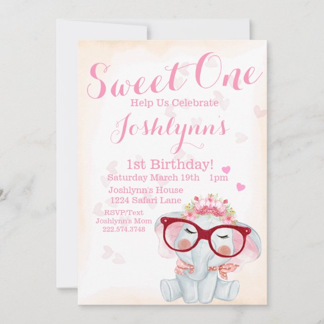 Elephant Watercolor Sweet One Girl 2nd Birthday  Invitation (Front)