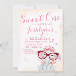 Elephant Watercolor Sweet One Girl 2nd Birthday Invitation