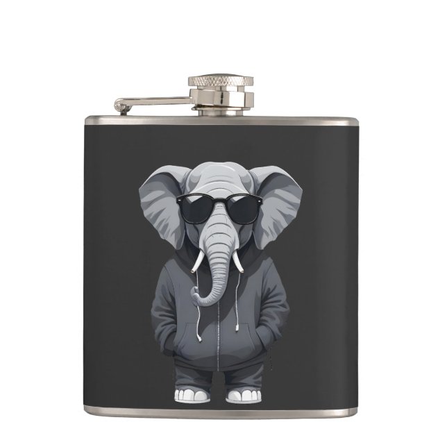 Elephant Wearing Hoodie Funny Cool Animal Vector Hip Flask (Front)