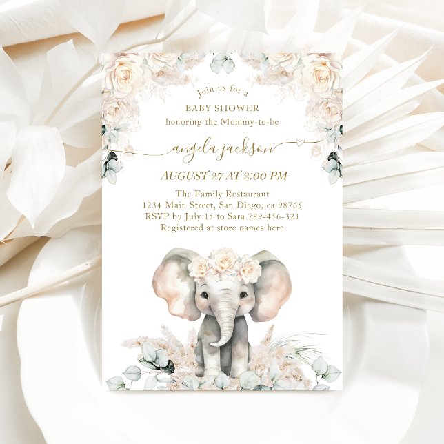 Elephant White Roses Boho Pampas Baby Girl Shower Invitation (Creator Uploaded)
