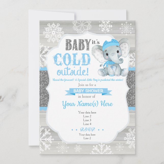 Elephant Winter Invitation for Boy Baby Shower (Front)