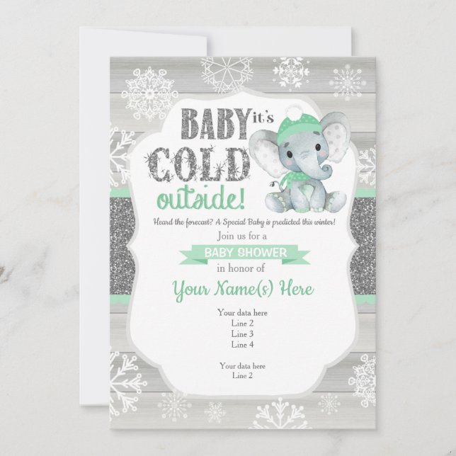 Elephant Winter Invitation MintNeutral Baby Shower (Front)