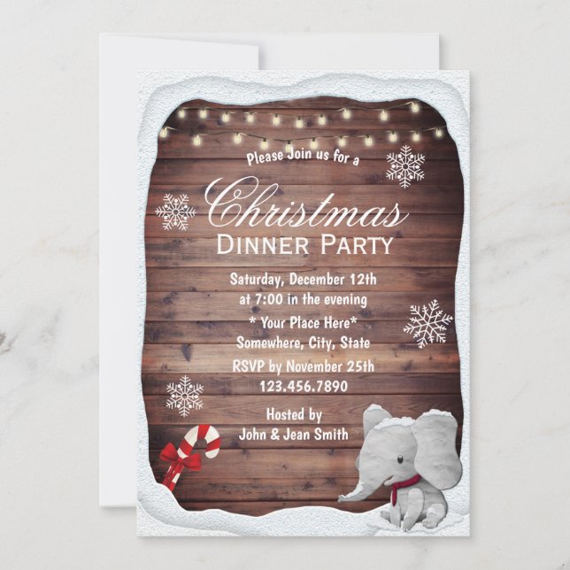Elephant Winter Snowflakes Christmas Dinner Party Invitation (Front)