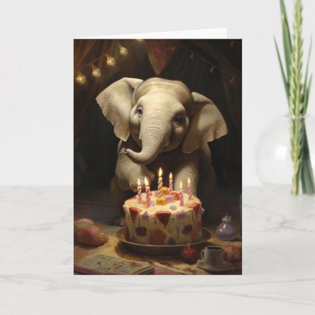 Elephant with a Birthday Cake - Card (Front)