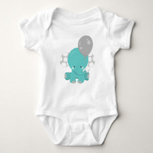 Elephant With Balloon, Blue Elephant, Cute Animal Baby Bodysuit