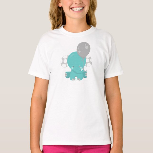 Elephant With Balloon, Blue Elephant, Cute Animal T-Shirt (Front)
