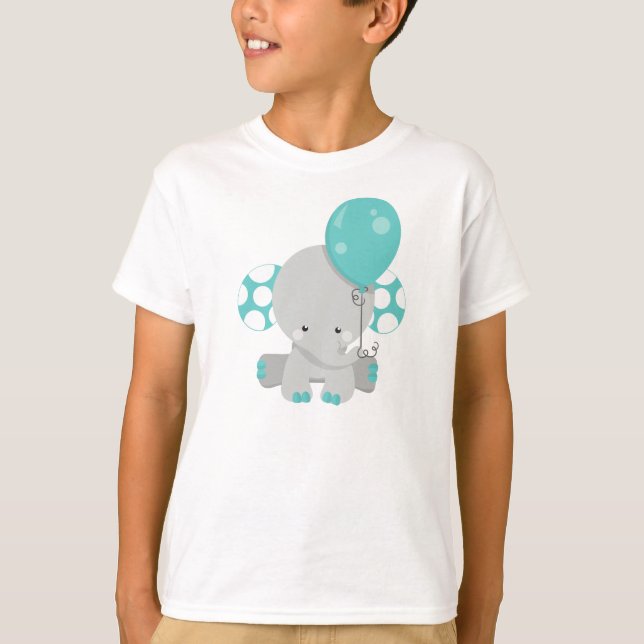 Elephant With Balloon, Cute Elephant - Blue Grey T-Shirt (Front)