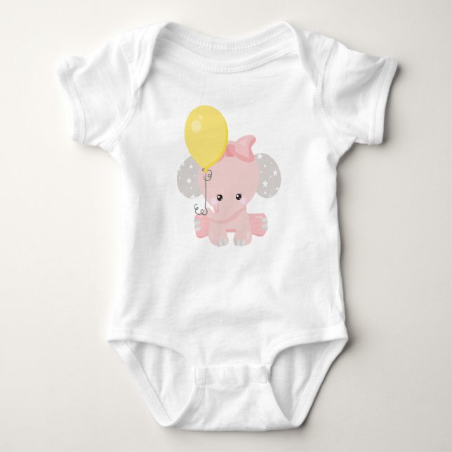 Elephant With Balloon, Cute Elephant, Crown, Stars Baby Bodysuit (Front)