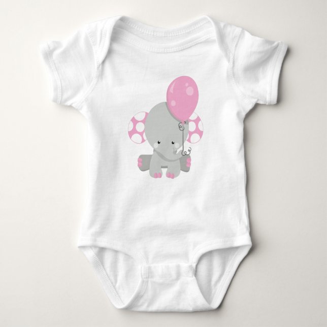 Elephant With Balloon, Cute Elephant - Pink Grey Baby Bodysuit (Front)