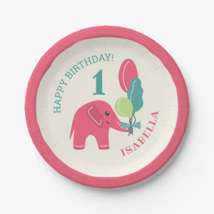 Elephant with Balloons Girls 1st Birthday Paper Plate