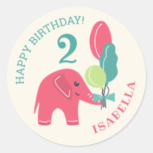 Elephant with Balloons Girls 2nd Birthday Classic Round Sticker
