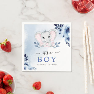 Elephant With Blue Anemones Boy Baby Shower Napkin
