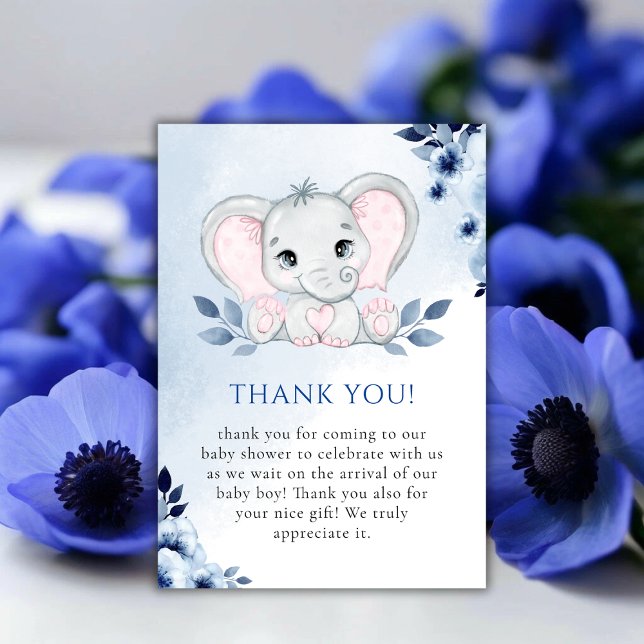 Elephant With Blue Anemones Boy Baby Shower Thank You Card (Elephant With Blue Anemones Boy Baby Shower Thank You Card)