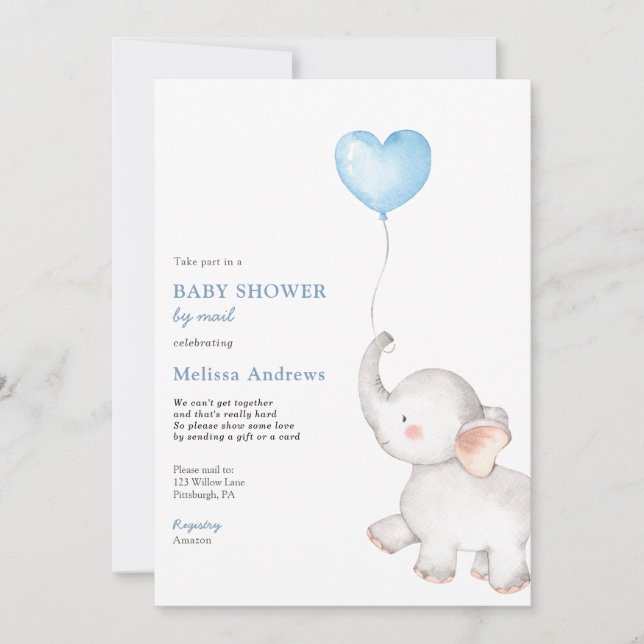 Elephant with Blue Balloon Baby Shower by Mail Invitation (Front)
