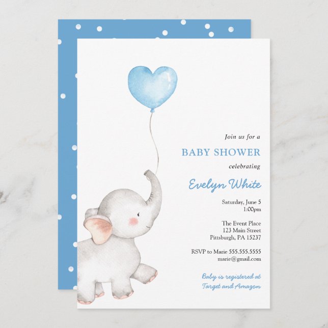 Elephant with Blue Balloon Baby Shower Invitation (Front/Back)