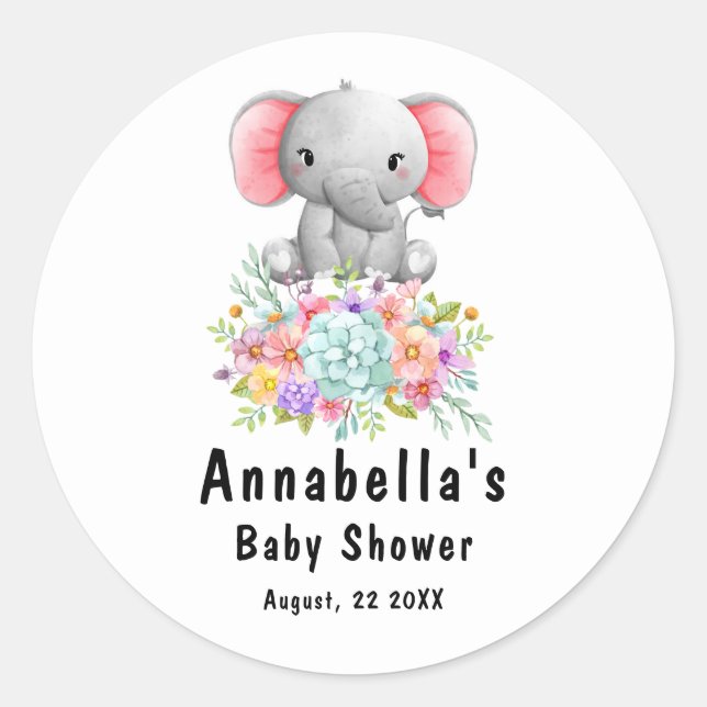 Elephant with Flowers  Baby Shower  Classic Round Sticker (Front)