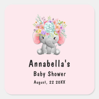 Elephant with Flowers Baby Shower Square Sticker