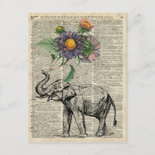 Elephant with Flowers Collage Over Vintage Page Postcard