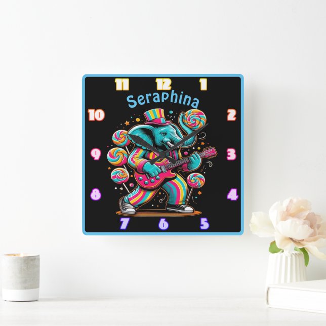 Elephant with guitar in candy swirls square wall clock (Home)