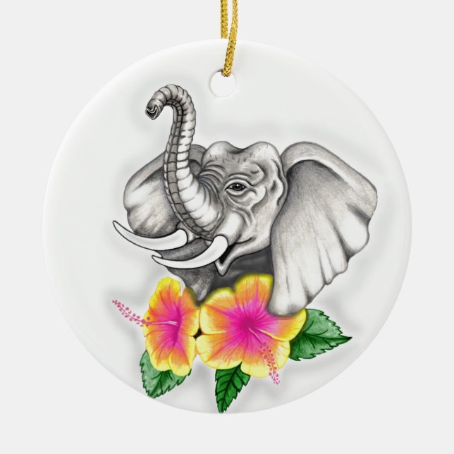 Elephant with Hibiscus Design Ceramic Tree Decoration (Front)