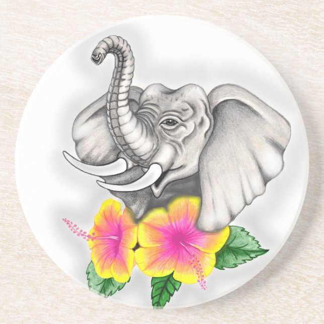 Elephant with Hibiscus Design Coaster (Front)