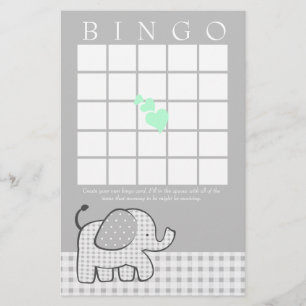 Elephant with Mint Green Hearts Gingham Bingo Card