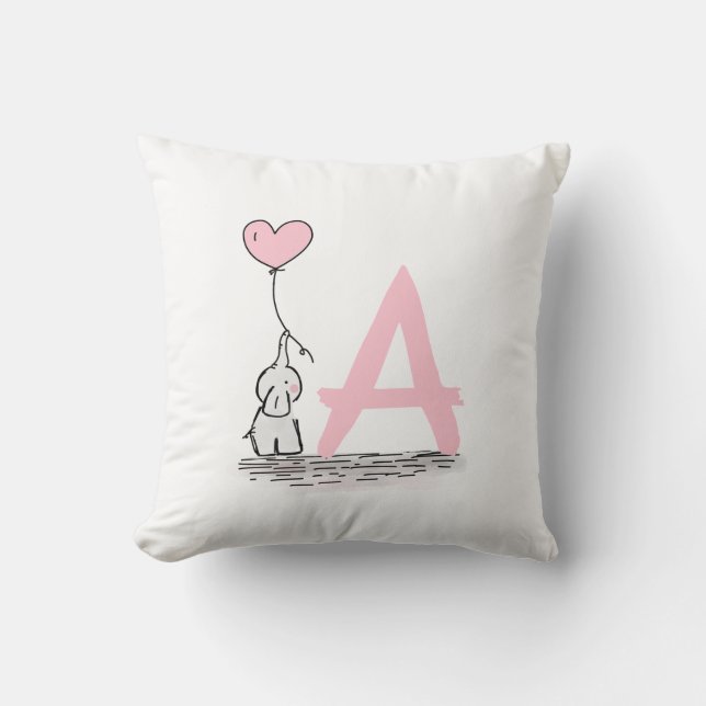 Elephant With Pink Heart Balloon Monogram Nursery Cushion (Front)