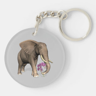 Elephant With Pink Orchid Key Ring
