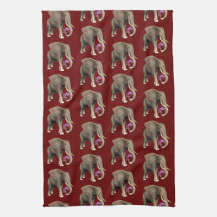 Elephant With Pink Orchid Tea Towel
