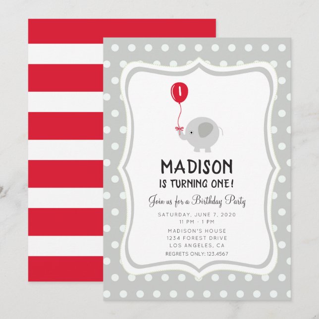 Elephant with Red Balloon Birthday Party Invite (Front/Back)
